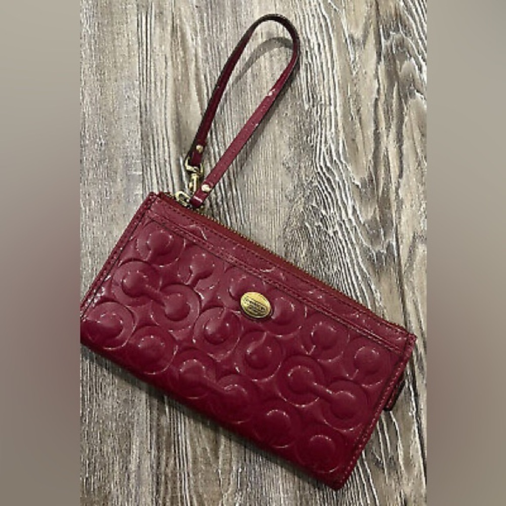 Coach Merlot Peyton Signature Embossed Patent Leather Wristlet / Wallet 8”x4”x1”